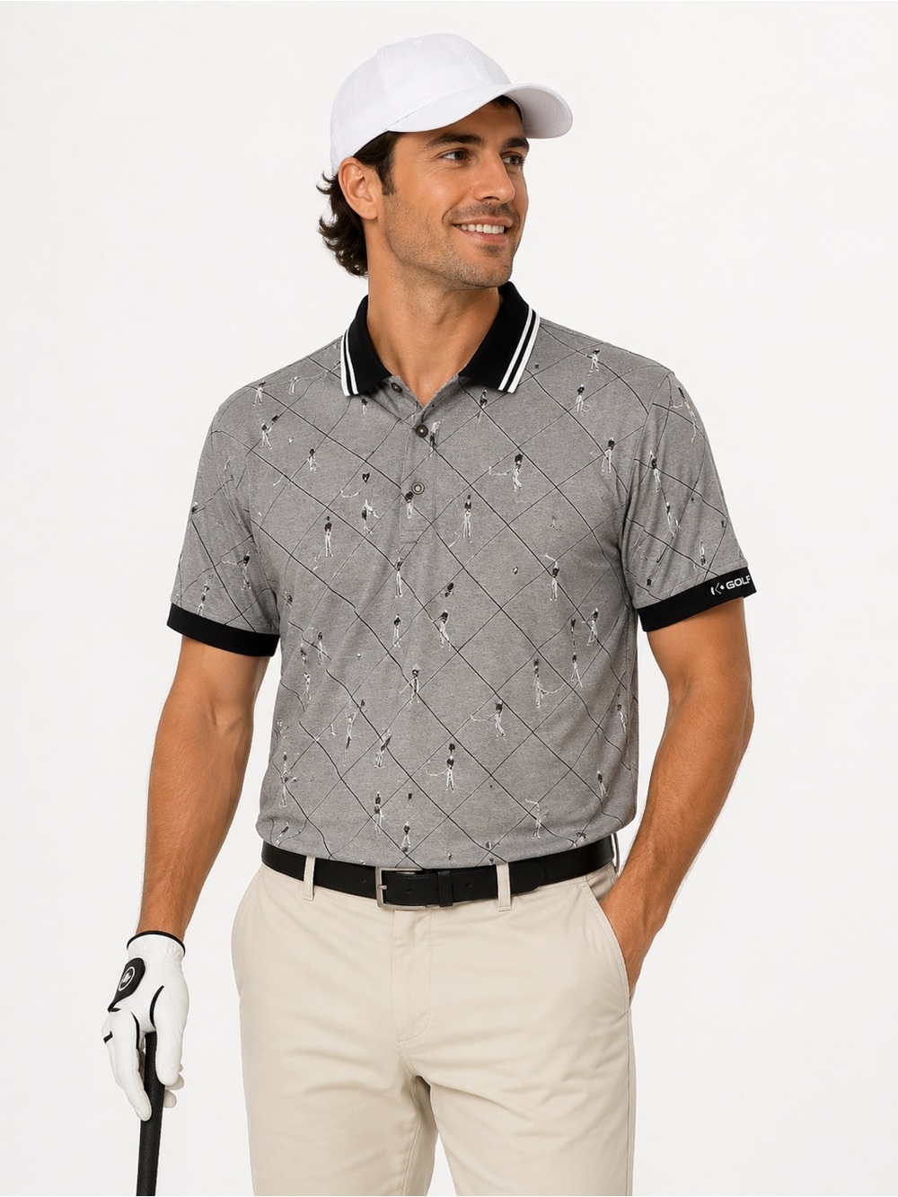 Men's Grey Patterned Golf Polo Shirt with Black Trim